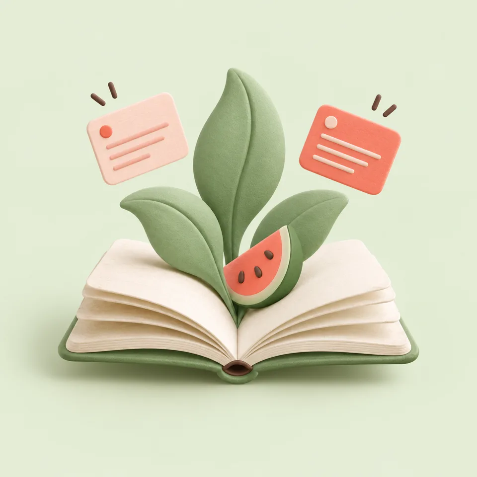 Open notebook with green leaves and floating study cards